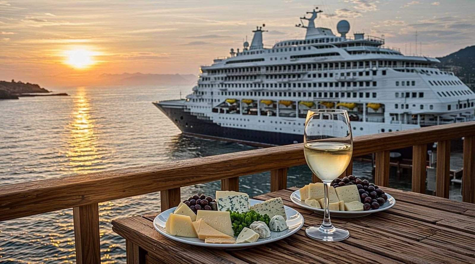 Luxury Oceania Cruises Riviera ship balcony with ocean view at sunset